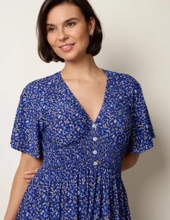 Ditsy Floral Button Front Raglan Trim Dress