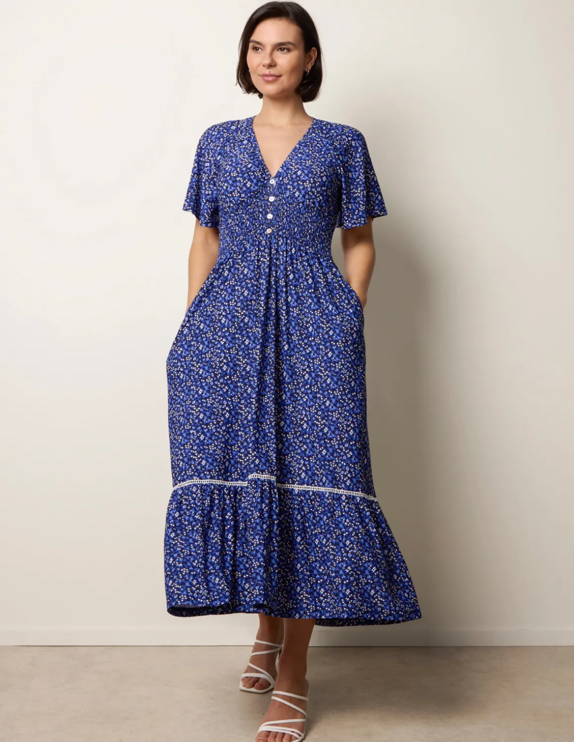 Ditsy Floral Button Front Raglan Trim Dress