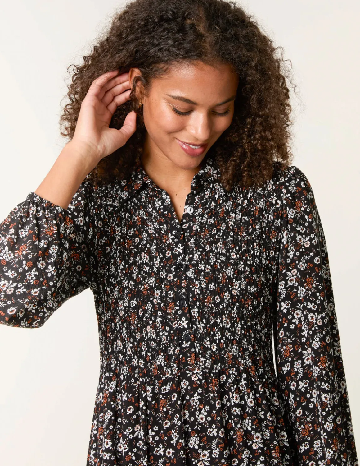 Ditsy Floral Long Sleeve Shirred Maxi Dress