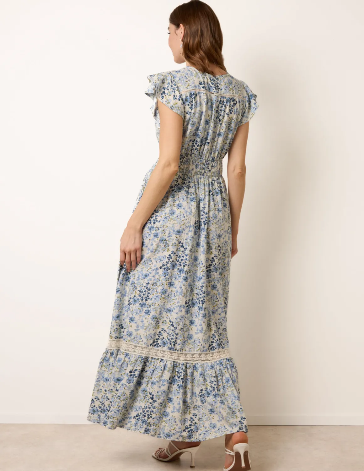 Ditsy Floral Print Shirred Waist Button Front Maxi Dress