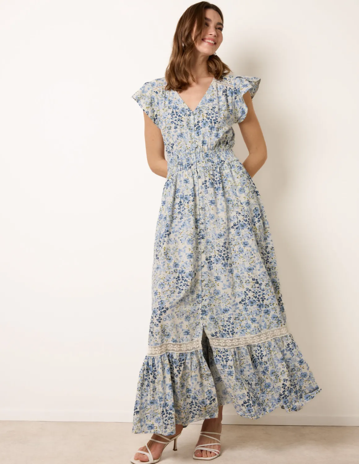 Ditsy Floral Print Shirred Waist Button Front Maxi Dress
