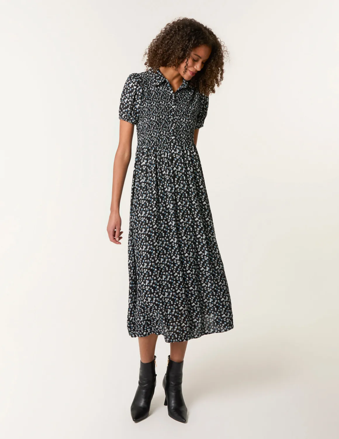 Ditsy Floral Puff Sleeve Shirred Dress