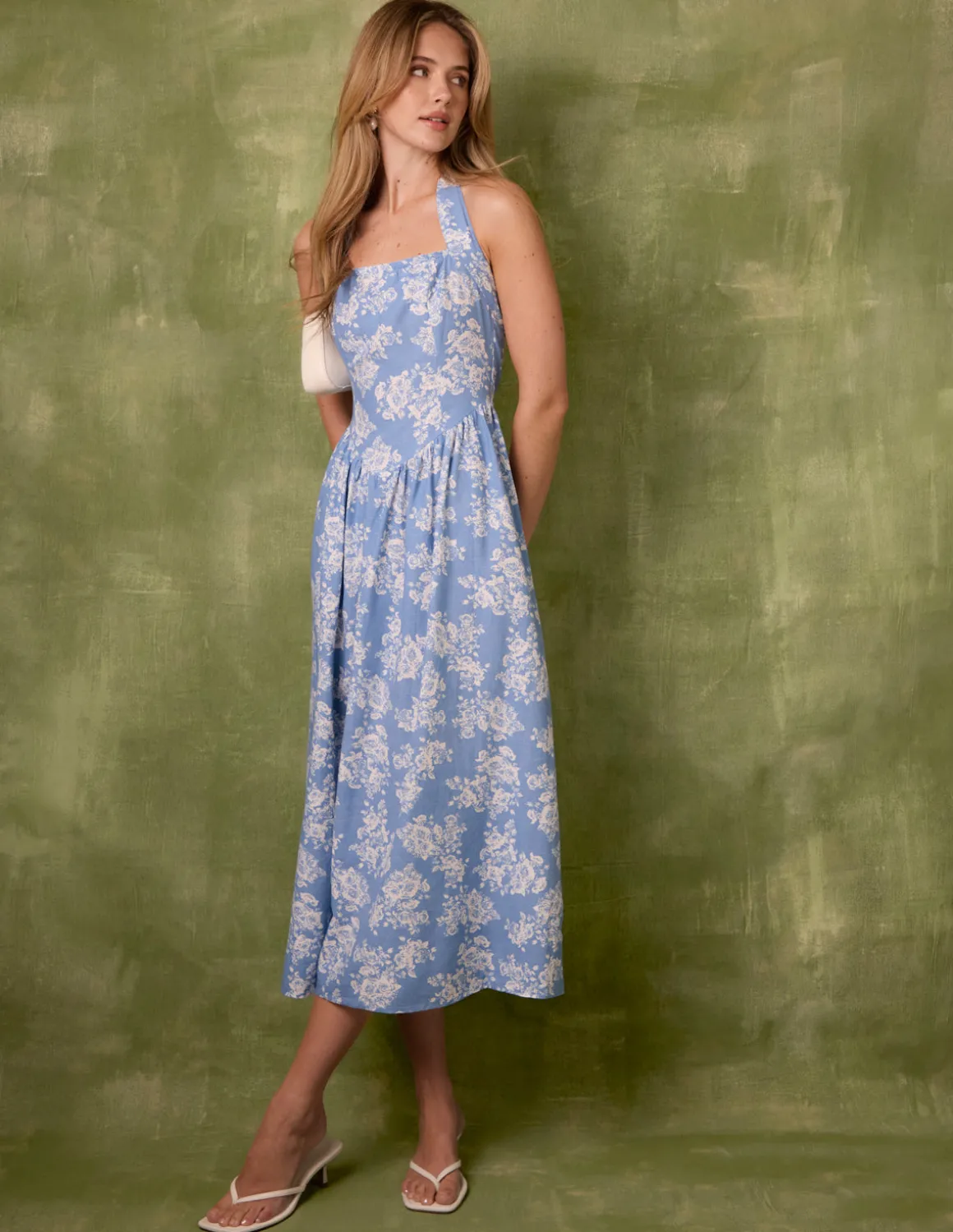Ditsy Floral V Waist Halter Midi Dress