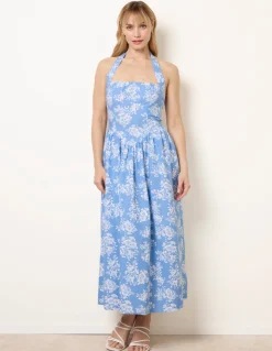 Ditsy Floral V Waist Halter Midi Dress