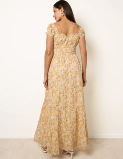 Double Front Tie Shirred Ditsy Floral Maxi Dress
