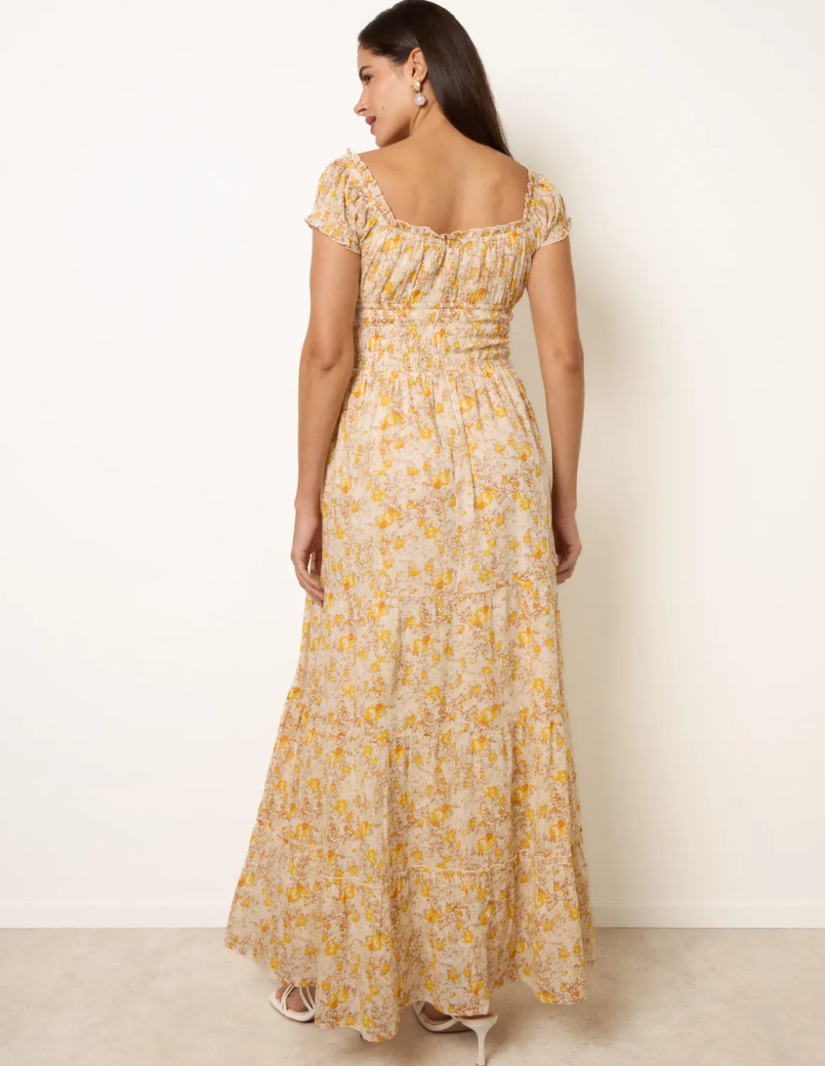 Double Front Tie Shirred Ditsy Floral Maxi Dress
