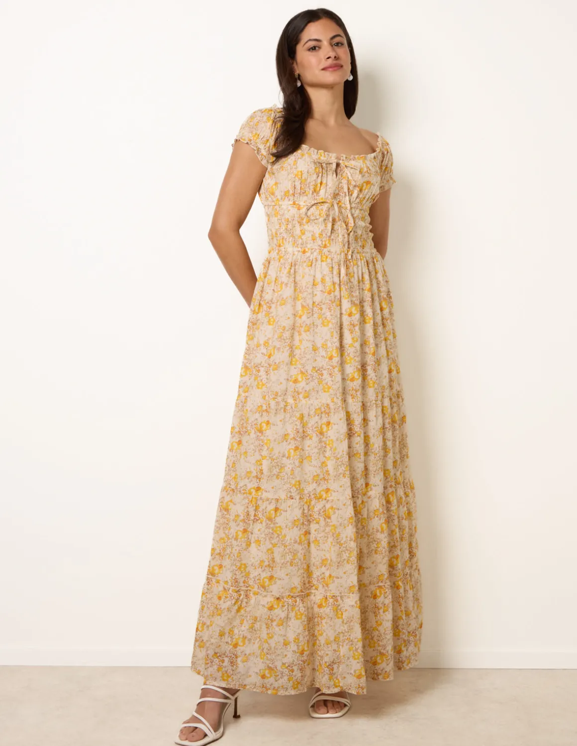 Double Front Tie Shirred Ditsy Floral Maxi Dress