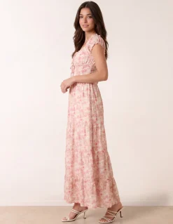 Double Front Tie Shirred Ditsy Floral Maxi Dress