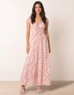 Double Front Tie Shirred Ditsy Floral Maxi Dress