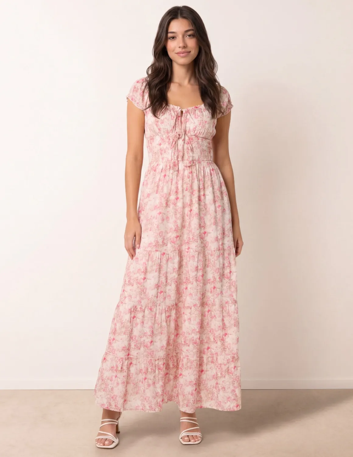 Double Front Tie Shirred Ditsy Floral Maxi Dress