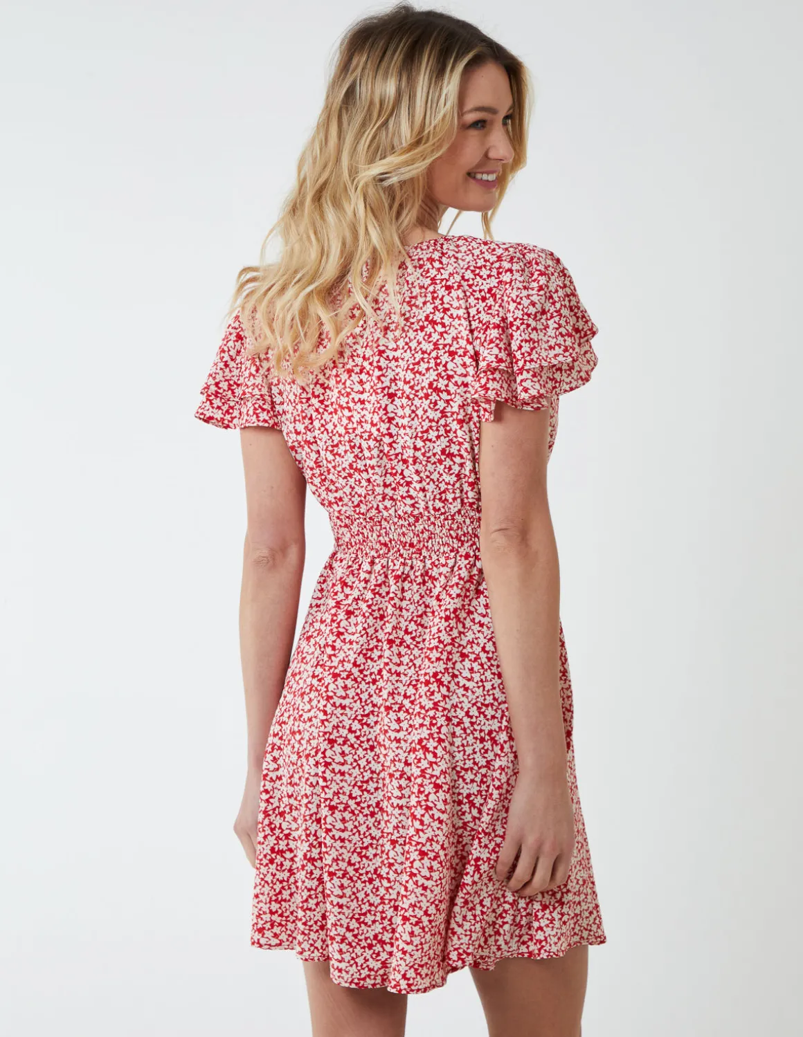 Double Ruffle Empire Shirred Mini Dress