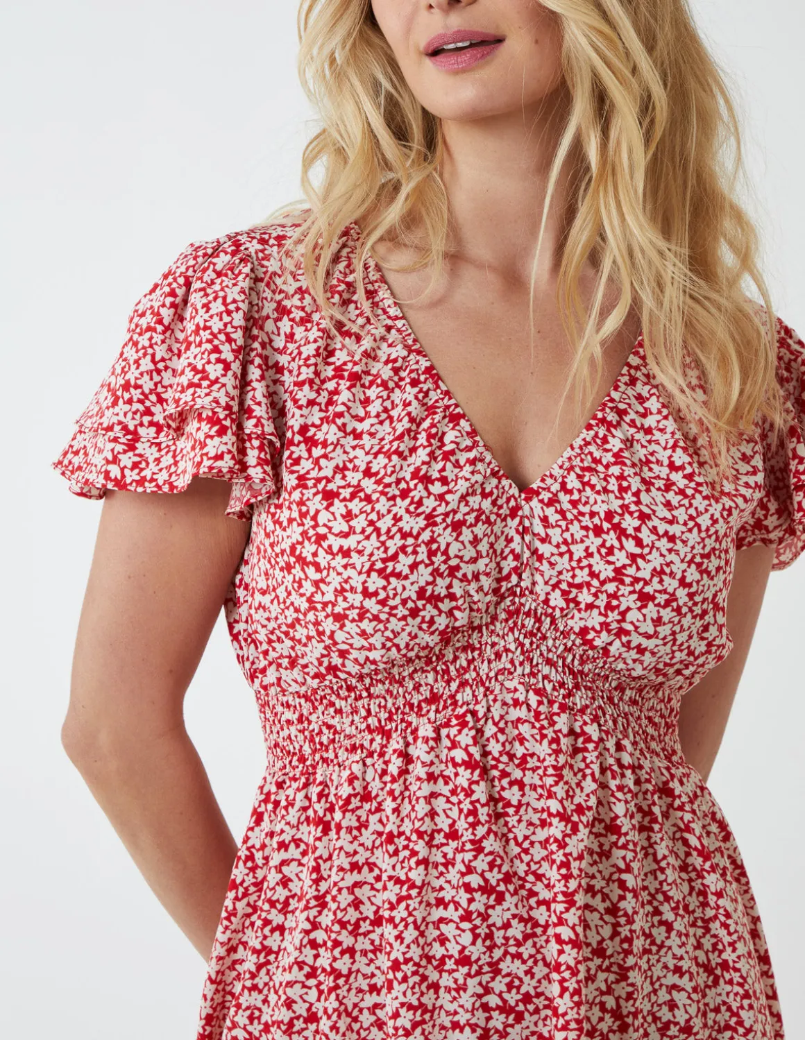 Double Ruffle Empire Shirred Mini Dress