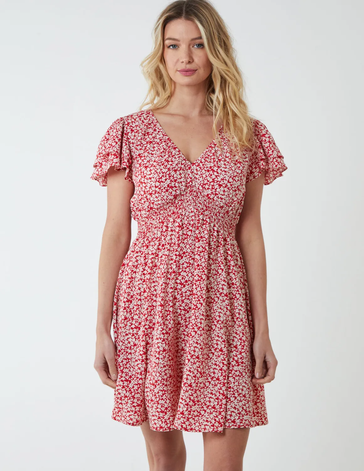 Double Ruffle Empire Shirred Mini Dress
