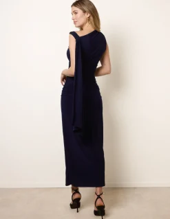Drape Brooch Detailing Ruched Maxi Dress