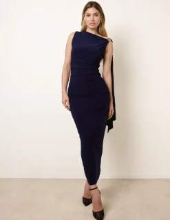 Drape Brooch Detailing Ruched Maxi Dress