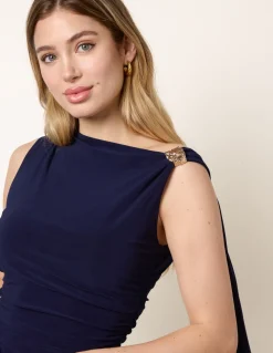 Drape Brooch Detailing Ruched Maxi Dress