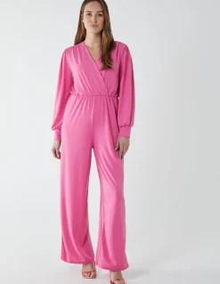 Elasticated Waist Crossover Long Sleeve Jumpsuit