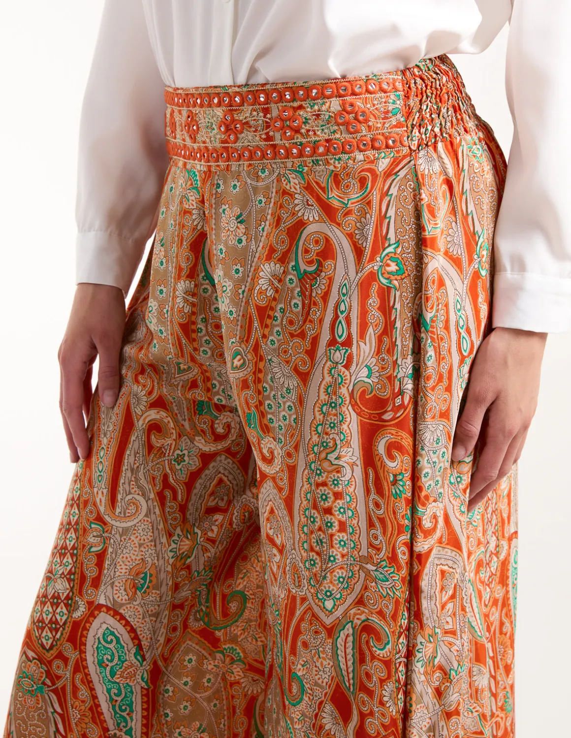 Embellished Waist Wide Leg Trousers