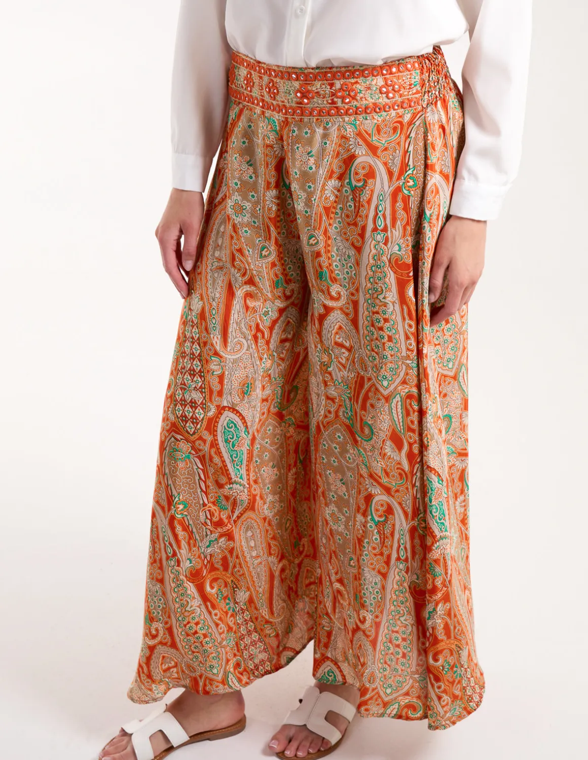 Embellished Waist Wide Leg Trousers