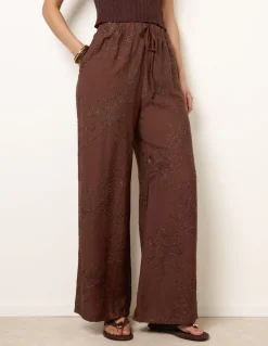 Embroidered Pattern Wide-Leg Trousers