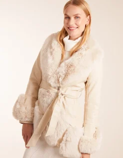 Faux Fur Collar PU Belted Coat