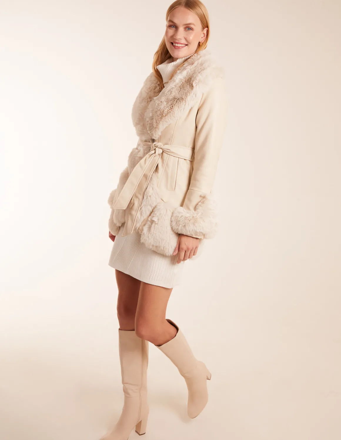 Faux Fur Collar PU Belted Coat