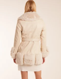Faux Fur Collar PU Belted Coat