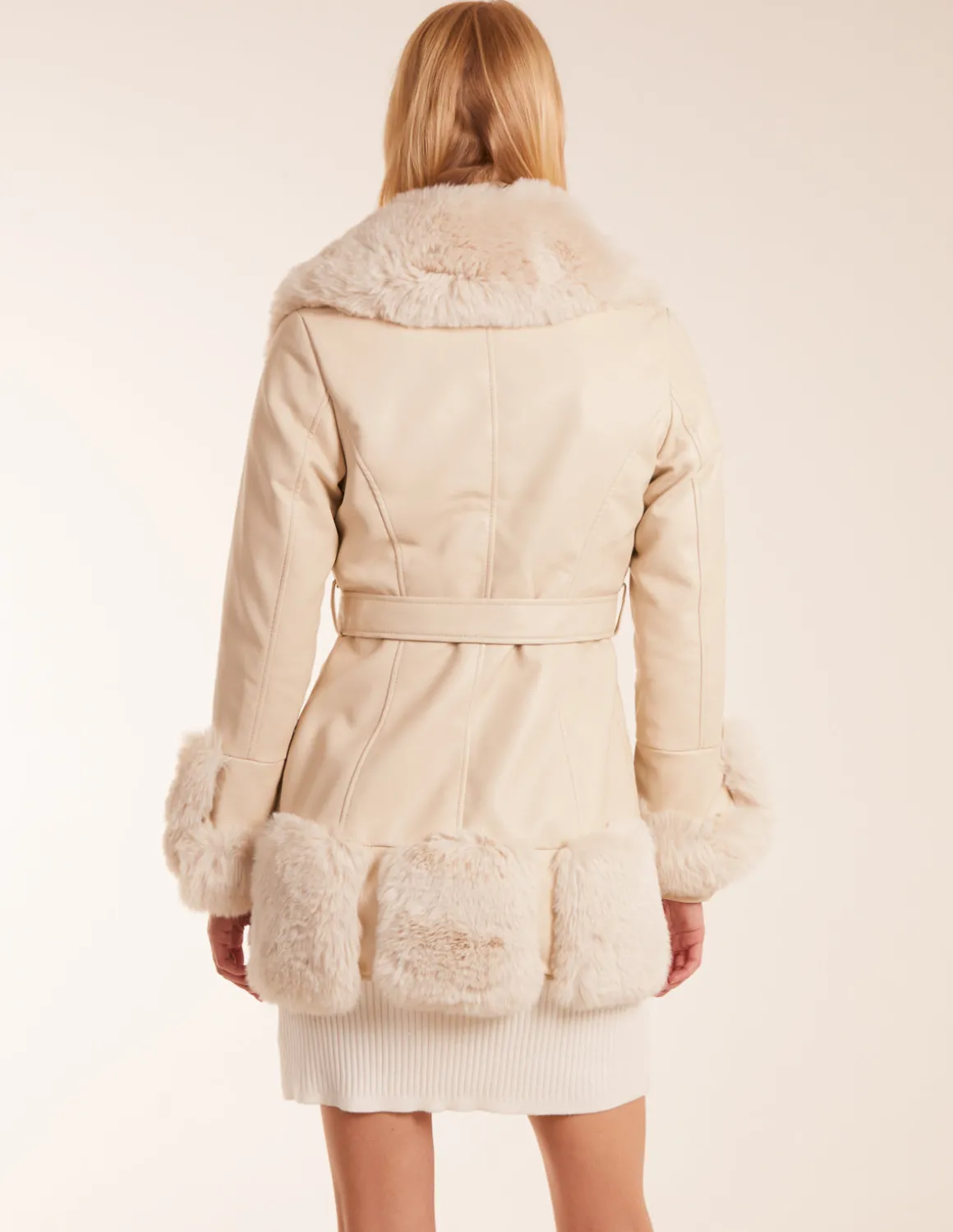 Faux Fur Collar PU Belted Coat