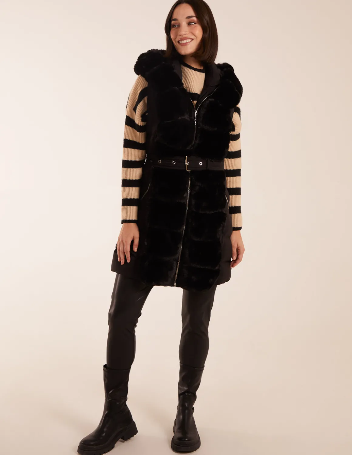 Faux Fur Detail Belted Gilet