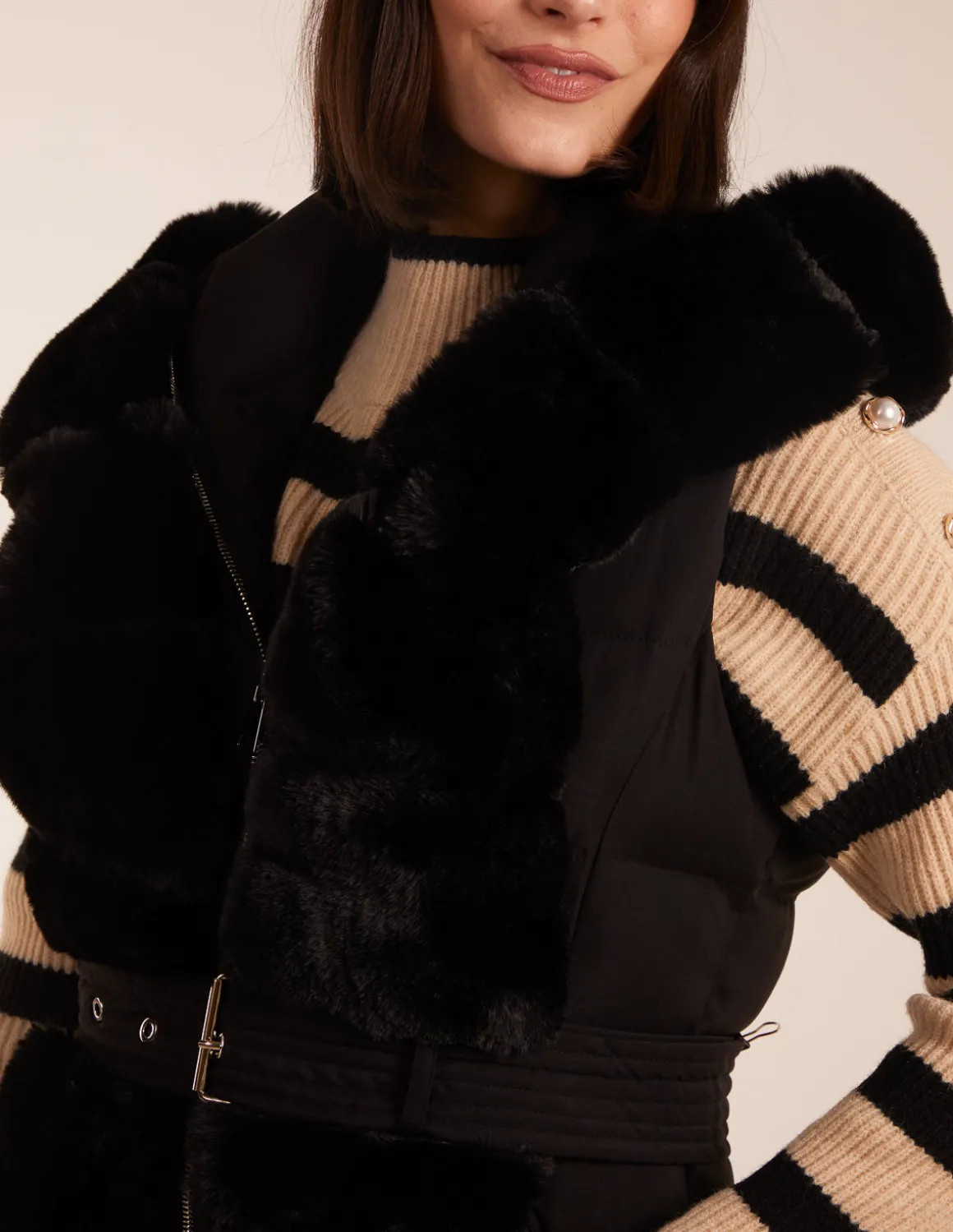Faux Fur Detail Belted Gilet