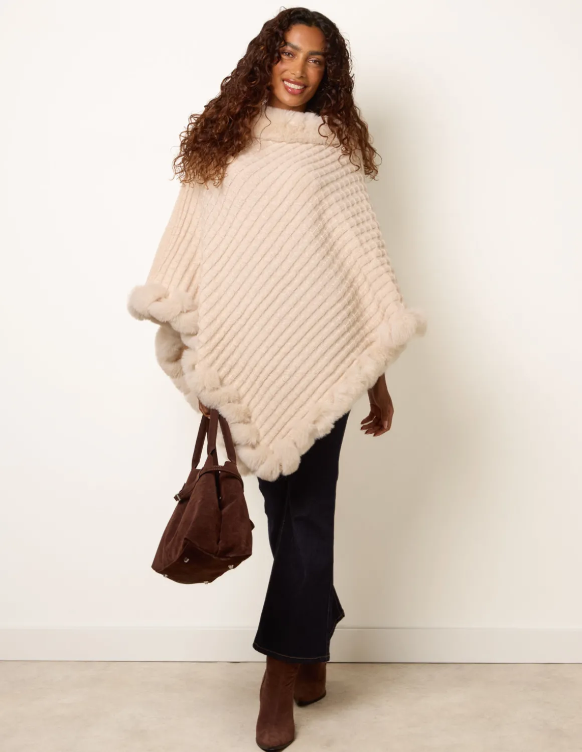 Faux Fur Trim Poncho