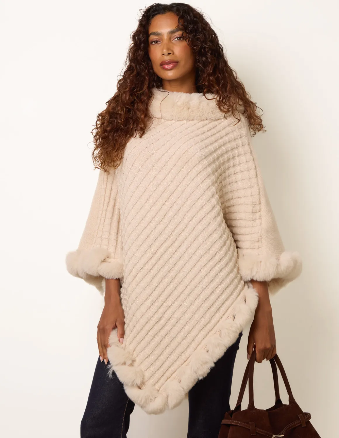 Faux Fur Trim Poncho