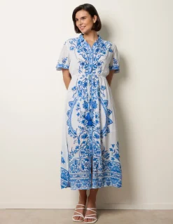 Floral Blue Print Drawstring Dress