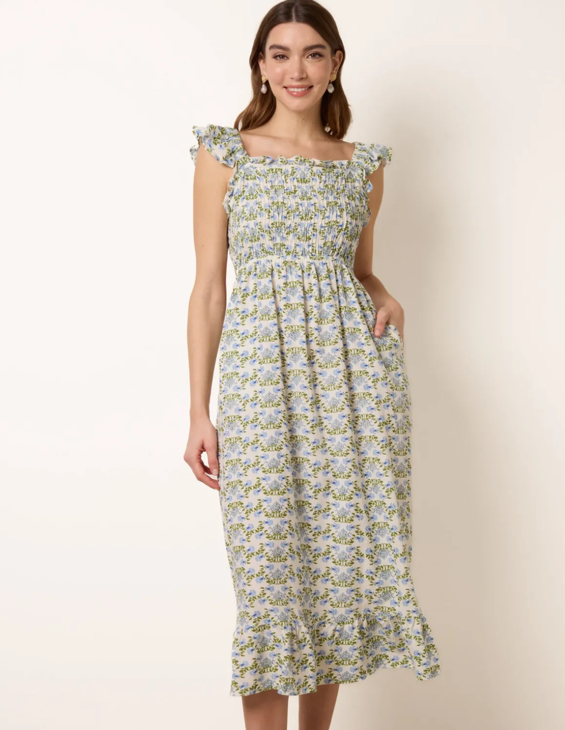 Floral & Frill Shirred Bodice Midi Dress