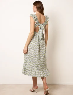 Floral & Frill Shirred Bodice Midi Dress