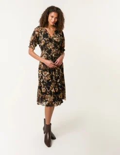 Floral Mesh Wrap Front Tiered Midi Dress