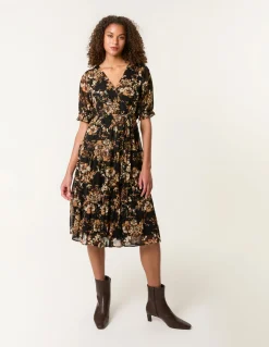 Floral Mesh Wrap Front Tiered Midi Dress