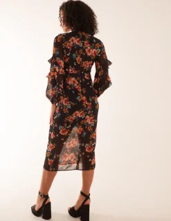 Floral Printed High Neck Midi Dress With Frill Sleeve Details