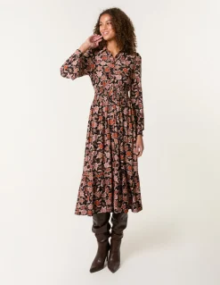 Floral Printed Shirred Waist Midi Shirt Dress