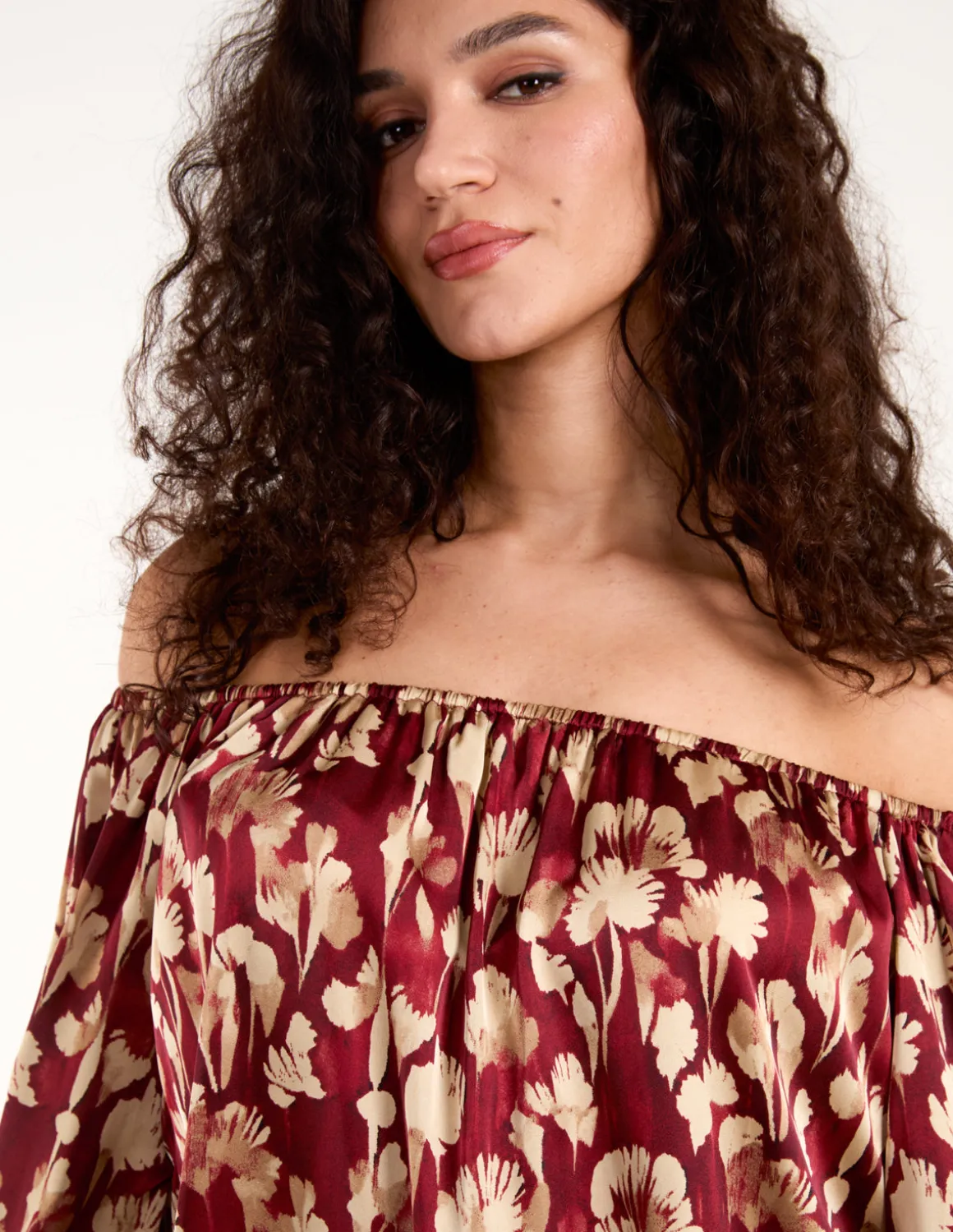Floral Ruched Sleeve Bardot