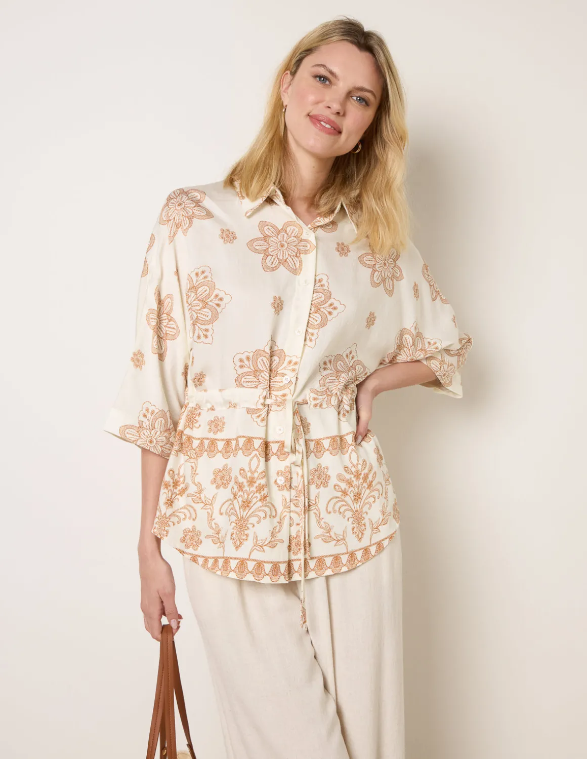 Floral 3/4 Sleeve Tie Waist Shirt