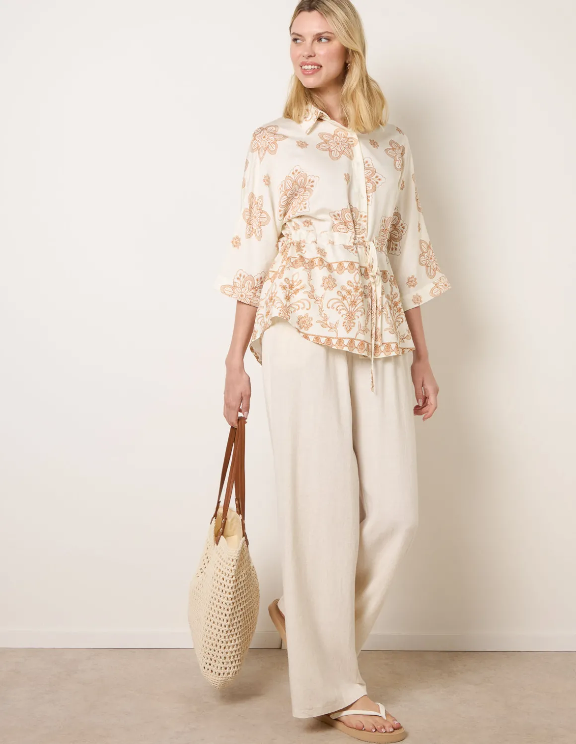 Floral 3/4 Sleeve Tie Waist Shirt