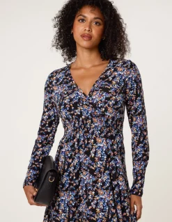 Floral V Neck Wrap Long Sleeve Midi Dress