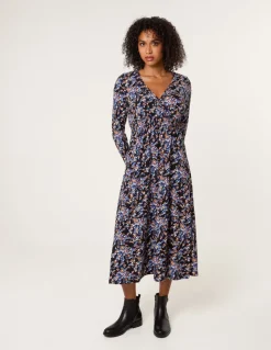 Floral V Neck Wrap Long Sleeve Midi Dress