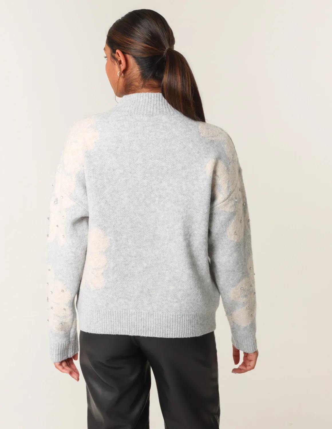 Flower Diamante Detailed Knitted Jumper