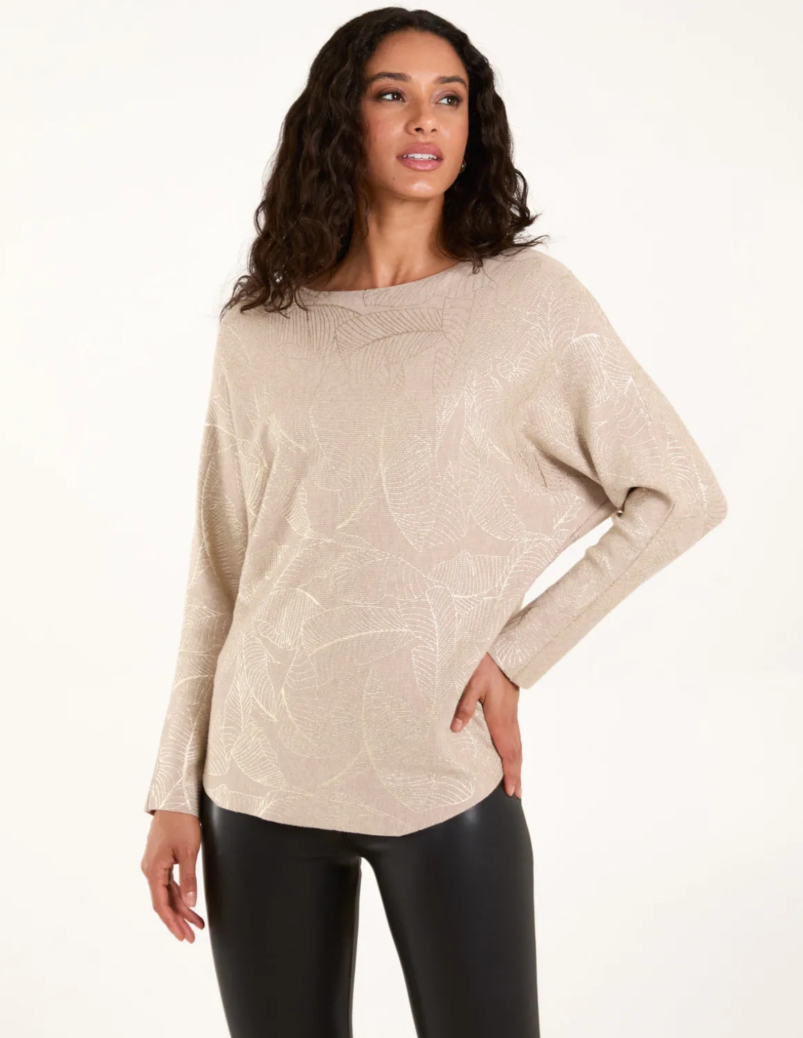 Foil Leaf Print Round Neck Jumper