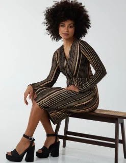 Foil Stripes Twist Front Midi Dress