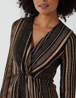 Foil Stripes Twist Front Midi Dress