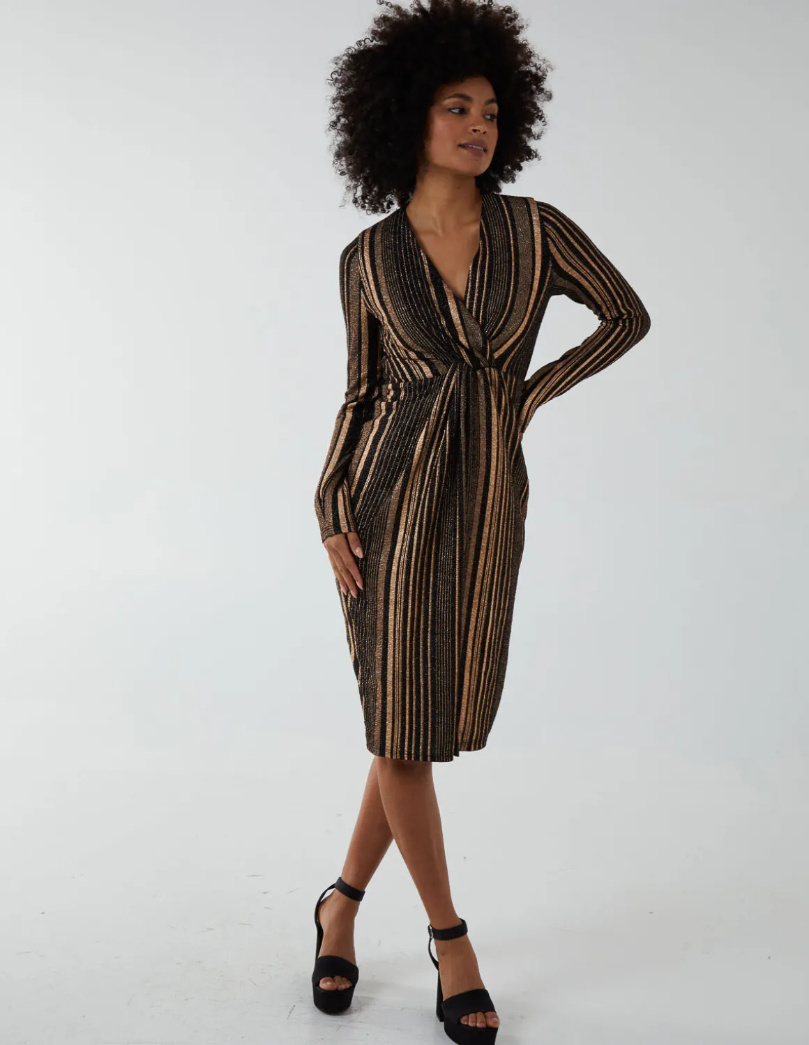 Foil Stripes Twist Front Midi Dress