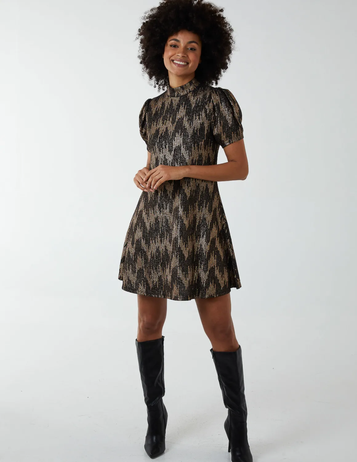 Foil Zig Zag Puff Sleeve Swing Dress